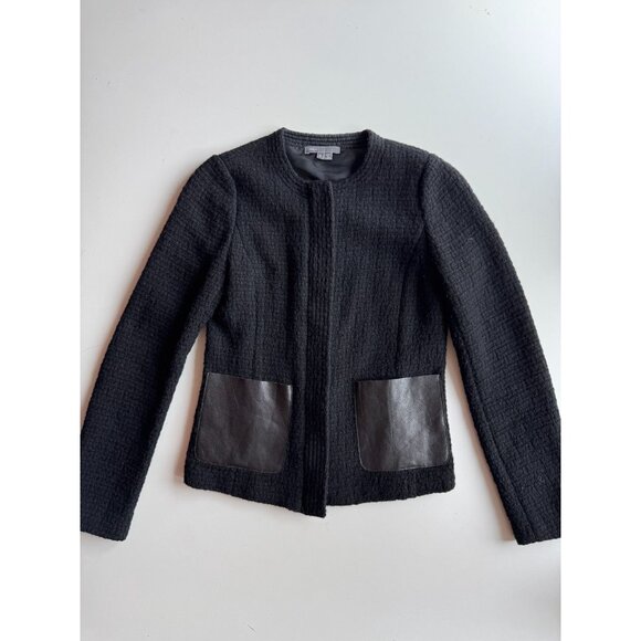 VINCE Black Wool Boucle Knit Lamb Leather Minimalist Collarless Jacket, Size 2 - Picture 3 of 14